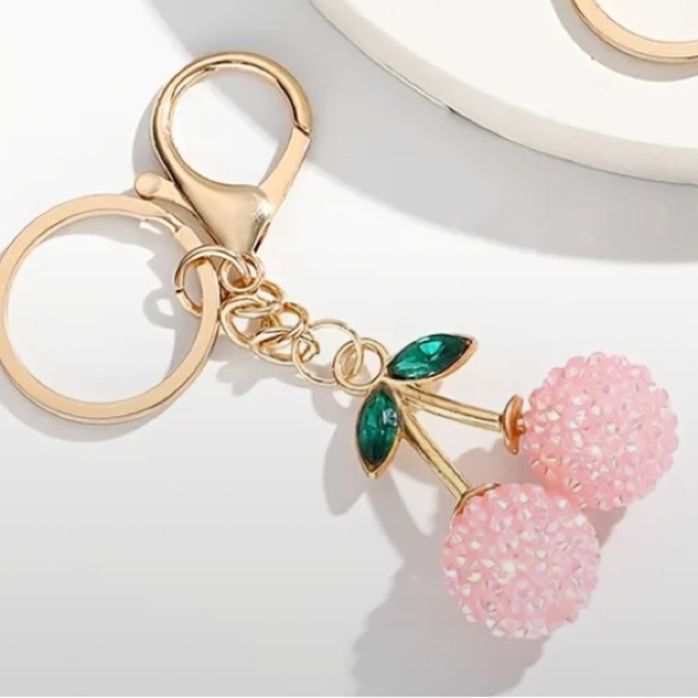 Chic PINK Cherry Rhinestone Charm Keychain Bag charm Clip For Bags 🍒 - PINK